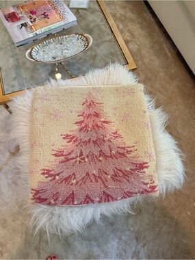 Pink Christmas Tree Needlepoint Hooked Pillow Cover 18x18 - Holiday Decor